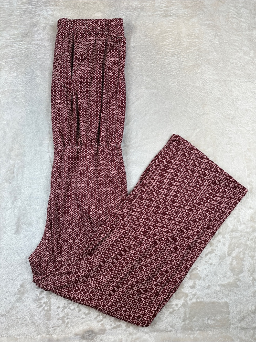 Exist Women’s Strapless Jumpsuit Burgundy Geometric Wide Leg Approx M/L Boho